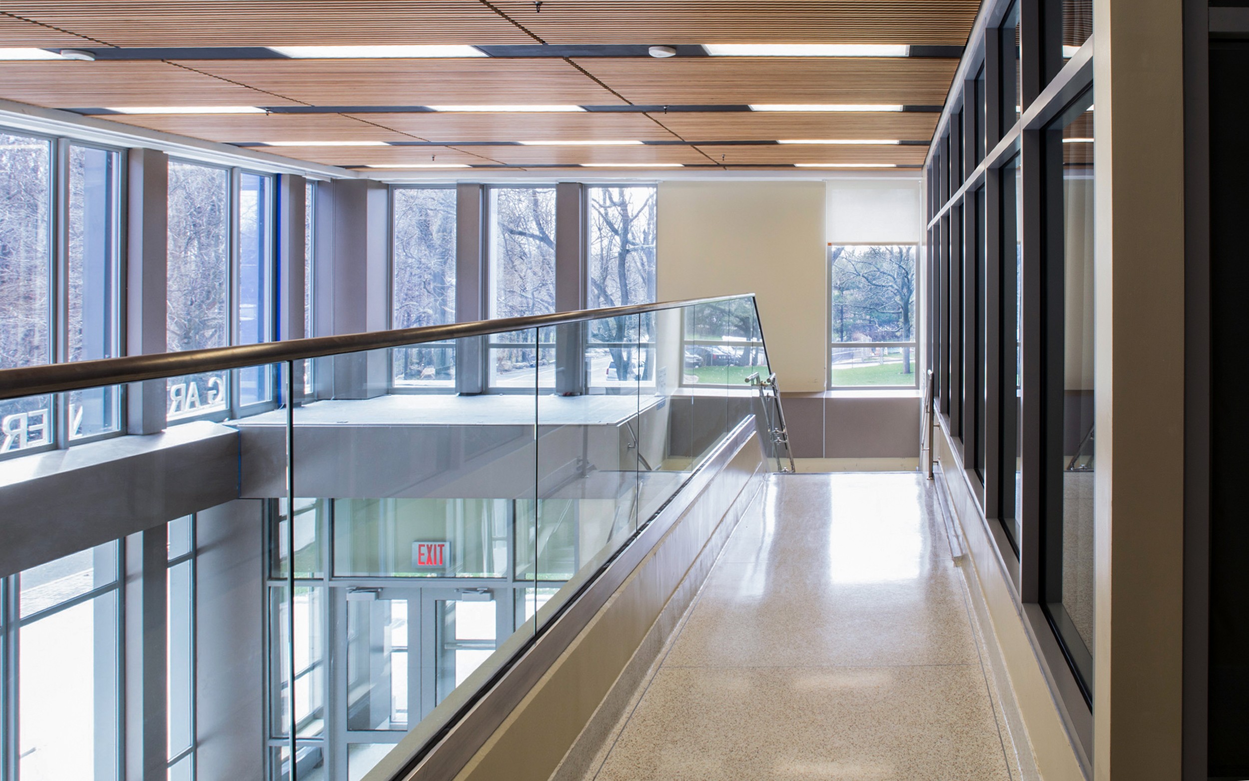 Mezzanine hallway at the Susan E. Wagner High School Performing Arts Annex