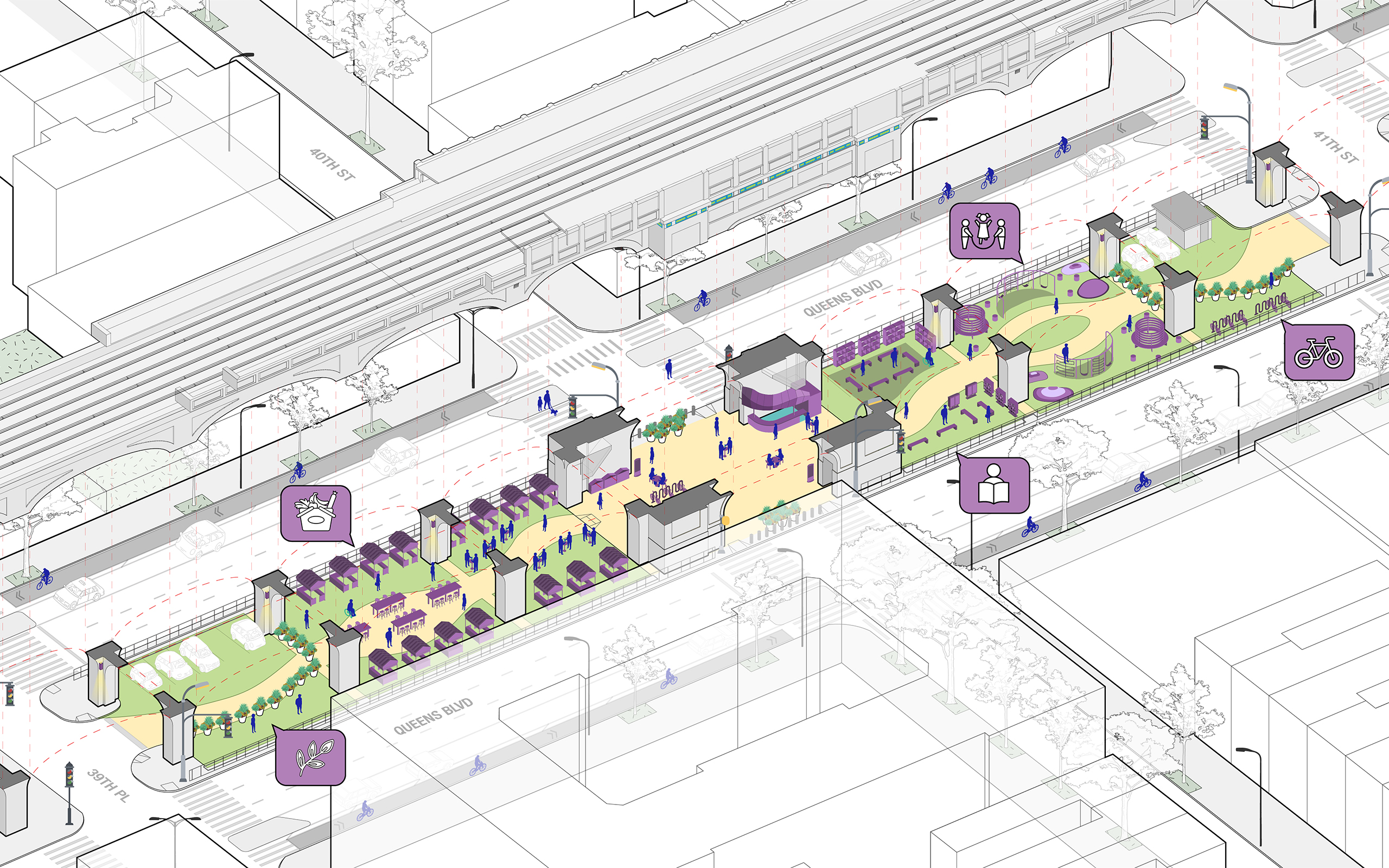 Sunnyside Public Realm Vision Plan - Axonometric Diagram of Long-Term Possibilities at Lowery Plaza