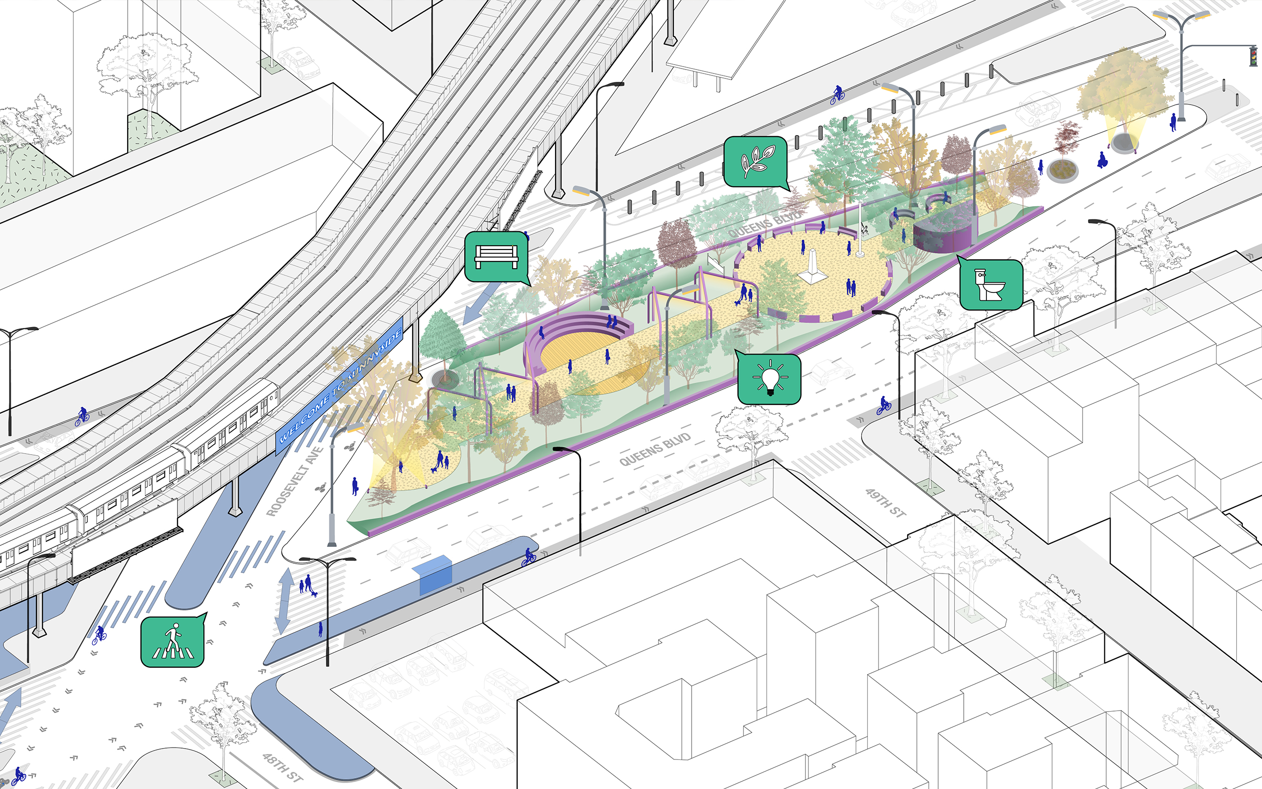 Sunnyside Public Realm Vision Plan - Axonometric Diagram of Long-Term Possibilities at Sabba Park